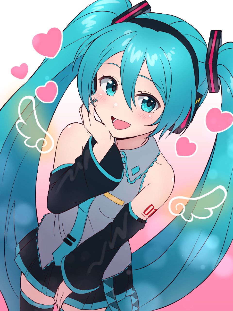 1girl aqua_hair bare_shoulders black_boots black_skirt boots detached_sleeves drawn_wings gradient_background grey_shirt hatsune_miku headset heart highres long_hair looking_at_viewer open_mouth pink_background shirt shoulder_tattoo skirt smile solo supo01 tattoo thigh_boots twintails vocaloid