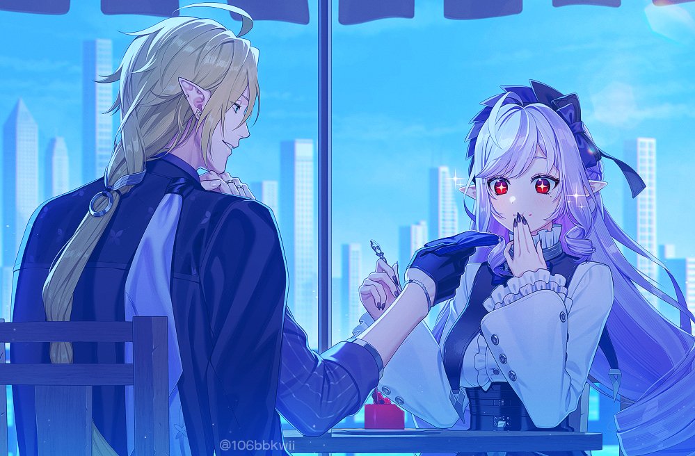 106bbkwii 1boy 1girl arm_out_of_sleeve black_gloves black_jacket black_nails blonde_hair blue_sky bow bowtie breast_curtains cake center_frills cityscape collar ear_piercing earrings eating food frilled_collar frilled_sleeves frills gloves gold_ring hairband half_gloves handkerchief holding holding_handkerchief holding_utensil hugo_vlad jacket jewelry long_hair long_sleeves mole mole_under_eye multiple_rings piercing pointy_ears purple_bow purple_bowtie purple_hair purple_hairband purple_shirt red_eyes ring ring_hair_ornament shirt single_glove sitting sky sparkle sparkling_eyes striped_clothes striped_shirt table twitter_username vivian_(zenless_zone_zero) white_shirt wide_sleeves zenless_zone_zero