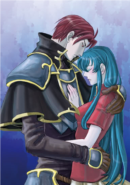 aozora_kyuuji aqua_hair armor blue_hair blush bracelet closed_eyes couple eirika_(fire_emblem) fire_emblem fire_emblem:_the_sacred_stones gloves hug jewelry knight long_hair nintendo princess red_eyes red_hair see-through_clothes seth_(fire_emblem) short_hair skirt