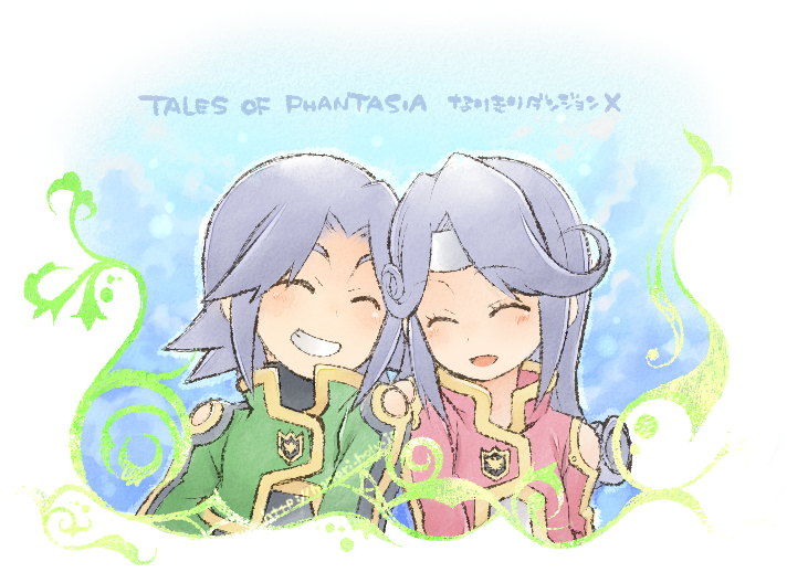 1boy 1girl bare_shoulders blush brother_and_sister closed_eyes copyright_name dio_(tales) dress grey_hair headband jacket long_hair mel_(tales) open_mouth short_hair siblings tales_of_(series) tales_of_phantasia:_narikiri_dungeon tales_of_phantasia:_narikiri_dungeon_x