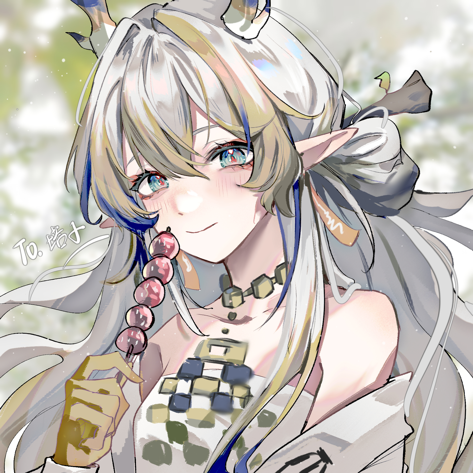 1girl arknights bare_shoulders blue_hair blush closed_mouth colored_skin dango dragon_horns earrings food grey_hair hair_between_eyes highres holding holding_food horns jacket jewelry long_hair long_sleeves looking_at_viewer morisenlin multicolored_hair necklace open_clothes open_jacket orange_pupils pointy_ears shirt shu_(arknights) smile solo tassel tassel_earrings upper_body wagashi white_jacket white_shirt yellow_skin