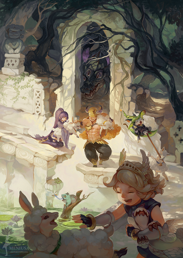 1boy 2girls arch artist_name bell blonde_hair broken carrying carrying_over_shoulder carrying_under_arm cat collar dragon earrings extra_eyes fake_horns frog hat helmet horned_helmet horns jewelry kneeling leash leash_pull lily_pad meniusa meniusa_lau multiple_girls muscular open_mouth original outdoors pants ponytail purple_hair purple_legwear scenery sheep statue vambraces watermark web_address winged_helmet witch_hat