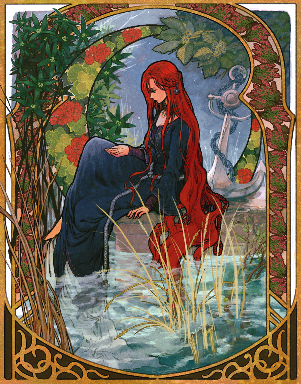 1girl anarosa_tikaram anchor art_nouveau barefoot black_robe border braid chain children_of_the_rune closed_mouth flower gaha_(charat08) highres long_hair long_sleeves plant red_flower red_hair red_rose reflection reflective_water robe rose sitting very_long_hair