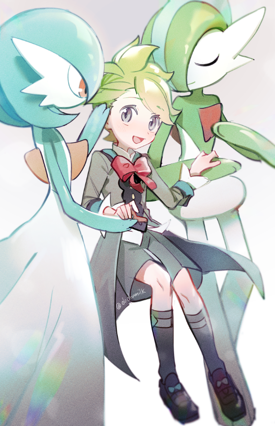 1boy :d alternate_color bow bowtie commentary_request gallade gardevoir gen_3_pokemon gen_4_pokemon green_hair grey_eyes huan_li knees long_sleeves male_focus nintendo official_alternate_costume open_mouth pokemon pokemon_masters_ex red_bow red_bowtie shiny_pokemon shoes short_hair shorts smile socks tailcoat tongue wally_(pokemon) wally_(sygna_suit)_(pokemon)