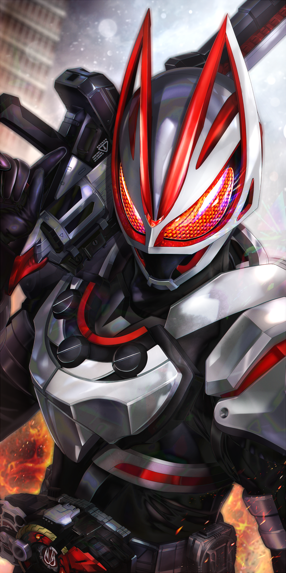 1boy armor black_bodysuit black_gloves bodysuit boost_buckle breastplate city cityscape compound_eyes fox fox_mask gloves gun highres holding holding_gun holding_weapon kamen_rider kamen_rider_geats kamen_rider_geats_(series) looking_at_viewer magnum_boost magnum_buckle magnum_shooter_40x mask masukudo_(hamamoto_hikaru) orange_eyes rifle tokusatsu upper_body weapon white_armor