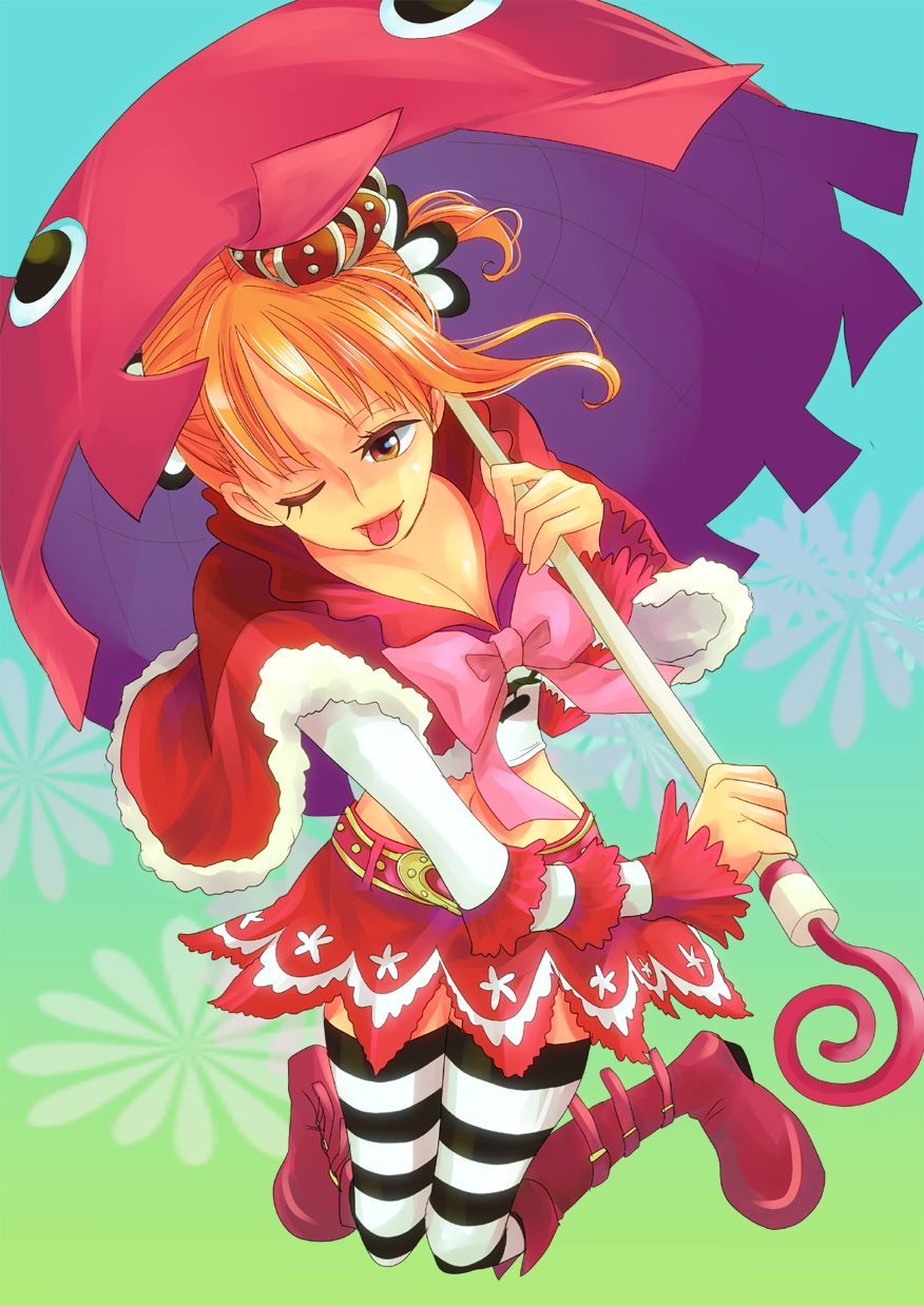 1girl boots bow cosplay crown female_focus highres himerinco nami_(one_piece) one_eye_closed one_piece orange_hair perona perona_(cosplay) red_footwear red_skirt shoes short_cape short_hair skirt solo striped_legwear tongue tongue_out twintails umbrella wink