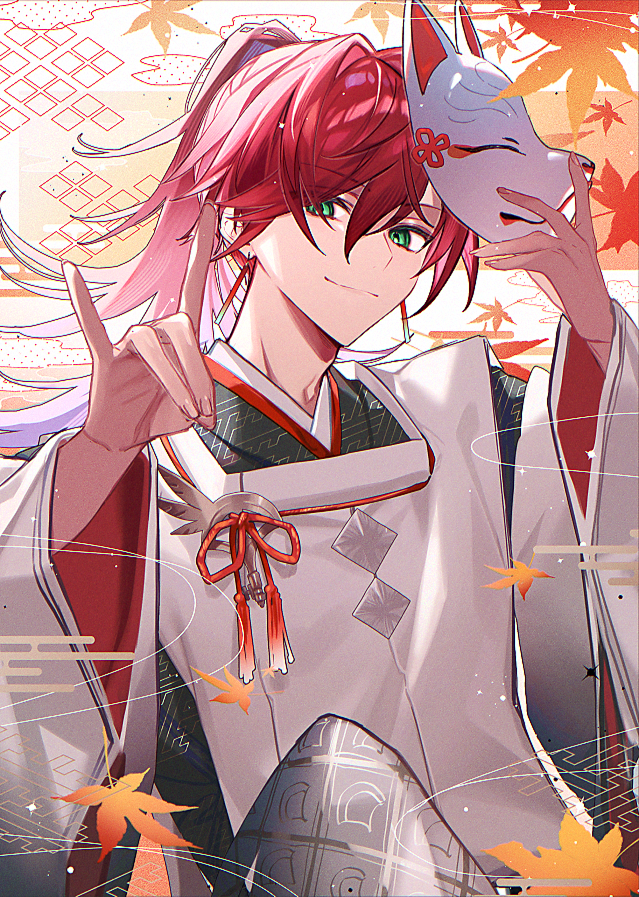 1boy black_kimono closed_mouth commentary earrings egasumi falling_leaves fox_mask fox_shadow_puppet green_eyes hair_between_eyes hair_intakes hands_up high_ponytail holding holding_mask japanese_clothes jewelry kariginu kill_schwa kimono lauren_iroas lauren_iroas_(5th_costume) leaf long_hair long_sleeves looking_at_viewer male_focus maple_leaf mask nijisanji official_alternate_costume orange_background parted_bangs ponytail red_hair red_ribbon ribbon sayagata simple_background smile smirk solo symbol-only_commentary tassel unworn_mask virtual_youtuber white_background wide_sleeves