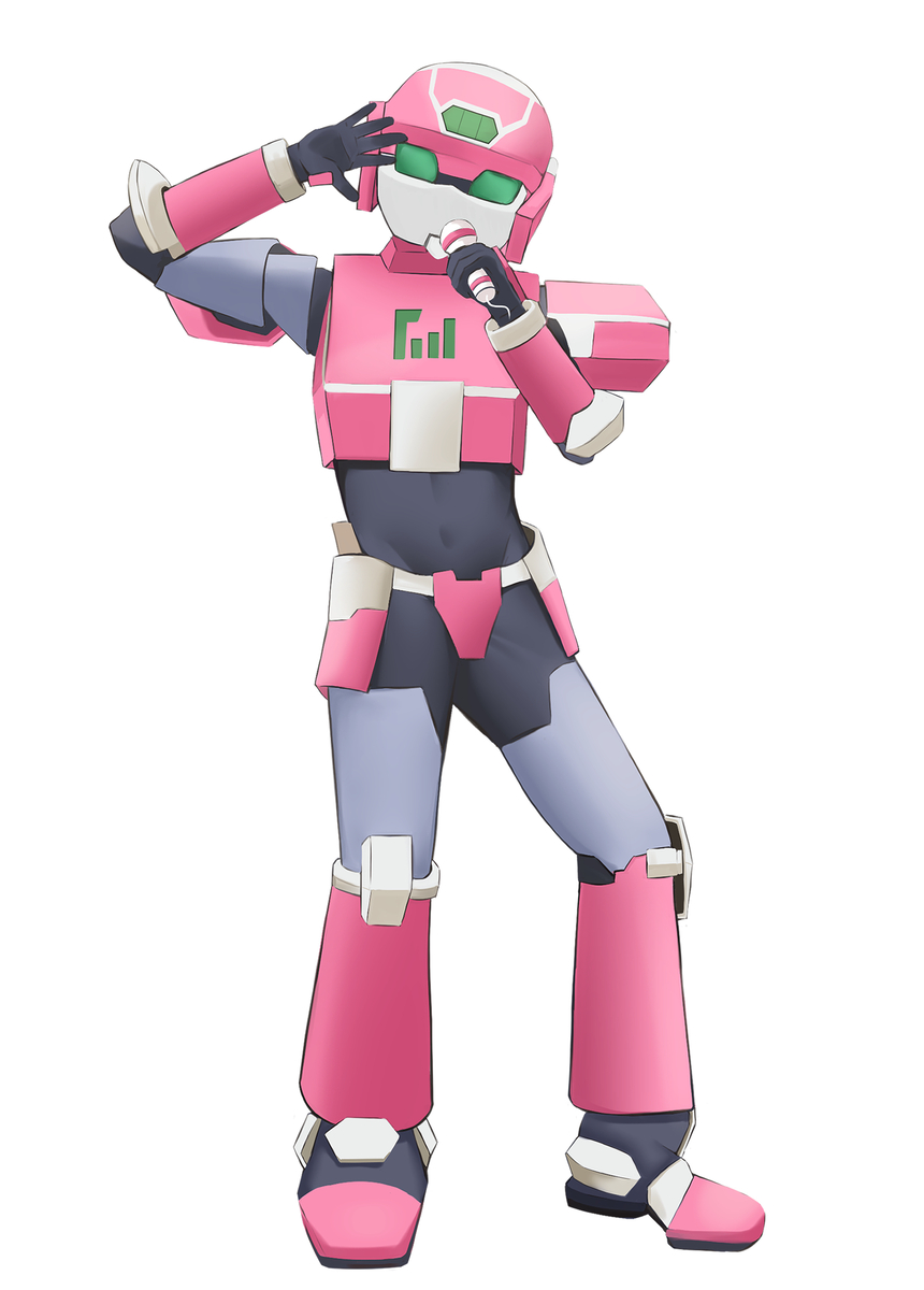 1girl armor artist_request black_bodysuit black_gloves blue_eyes blue_hair bodysuit boots braid breasts girlfriend_(kari) gloves hair_ornament hairclip helmet highres large_breasts long_hair medium_breasts microphone murakami_fumio music pink_armor pink_boots pink_helmet singing solo standing twin_braids twintails