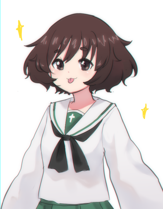 1girl :3 akiyama_yukari black_eyes brown_hair commentary english_commentary girls_und_panzer green_skirt long_sleeves neqo_(neneneqo) ooarai_school_uniform pleated_skirt school_uniform serafuku short_hair skirt solo sparkle tongue tongue_out upper_body