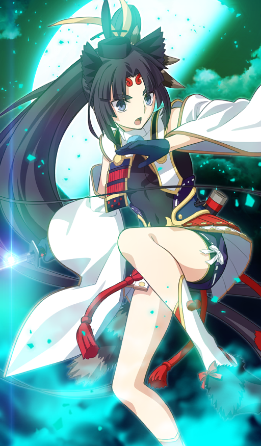 :o armor black_gloves black_hair black_hat black_leotard blue_eyes breast_curtains breasts circlet cloud commentary covered_navel detached_sleeves dynamic_pose fate/grand_order fate_(series) geta gloves green_background half_moon hat hat_feather high_side_ponytail holding holding_sword holding_weapon japanese_armor japanese_clothes katana leotard light_particles long_hair long_sleeves medium_breasts melty_blood melty_blood:_type_lumina moon official_art open_mouth sword takeuchi_takashi tate_eboshi tengu-geta third-party_source tsukihime unsheathed ushiwakamaru_(fate) ushiwakamaru_(tour_outfit)_(fate) v-shaped_eyebrows very_long_hair weapon white_armor white_sleeves wide_sleeves