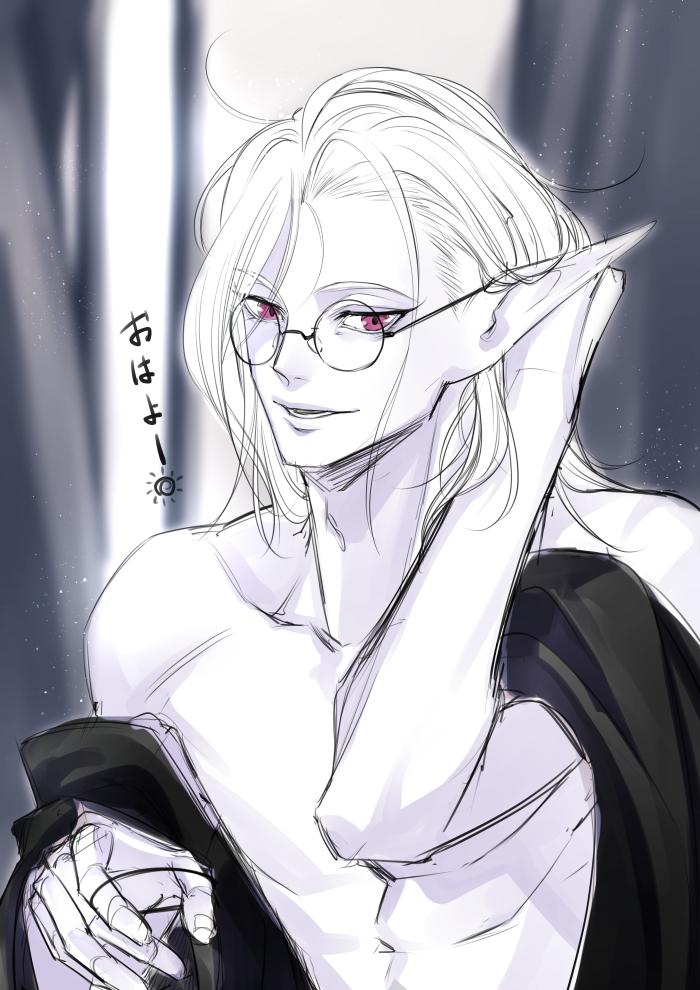 1boy colored_skin commentary_request dragon_ball dragon_ball_heroes dragon_ball_xenoverse fu_(dragon_ball) glasses hand_in_own_hair kiiko_(kikki_kiiko) long_eyelashes looking_to_the_side male_focus medium_hair messy_hair muscular muscular_male open_mouth pointy_ears purple_skin red_eyes round_eyewear sketch solo topless_male translated unworn_clothes upper_body white_hair
