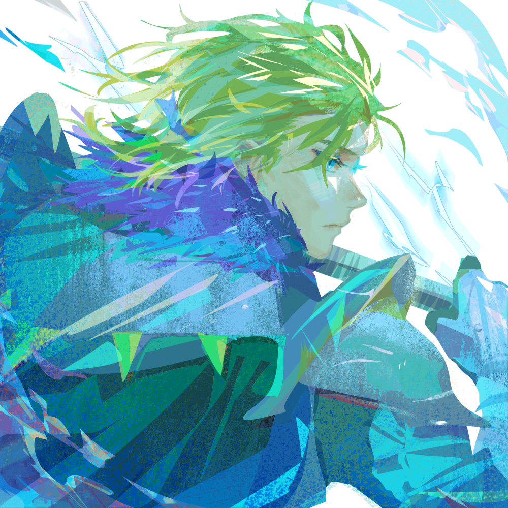 1boy armor armored_gloves black_gloves blonde_hair blue_eyes blue_fur cape closed_mouth dimitri_alexandre_blaiddyd electricity fire_emblem fire_emblem:_three_houses fire_emblem_heroes from_behind fur_trim gauntlets gloves gorget holding holding_polearm holding_weapon logi_bunbukucha looking_to_the_side male_focus nintendo pauldrons polearm ponytail short_ponytail shoulder_armor solo upper_body weapon white_background