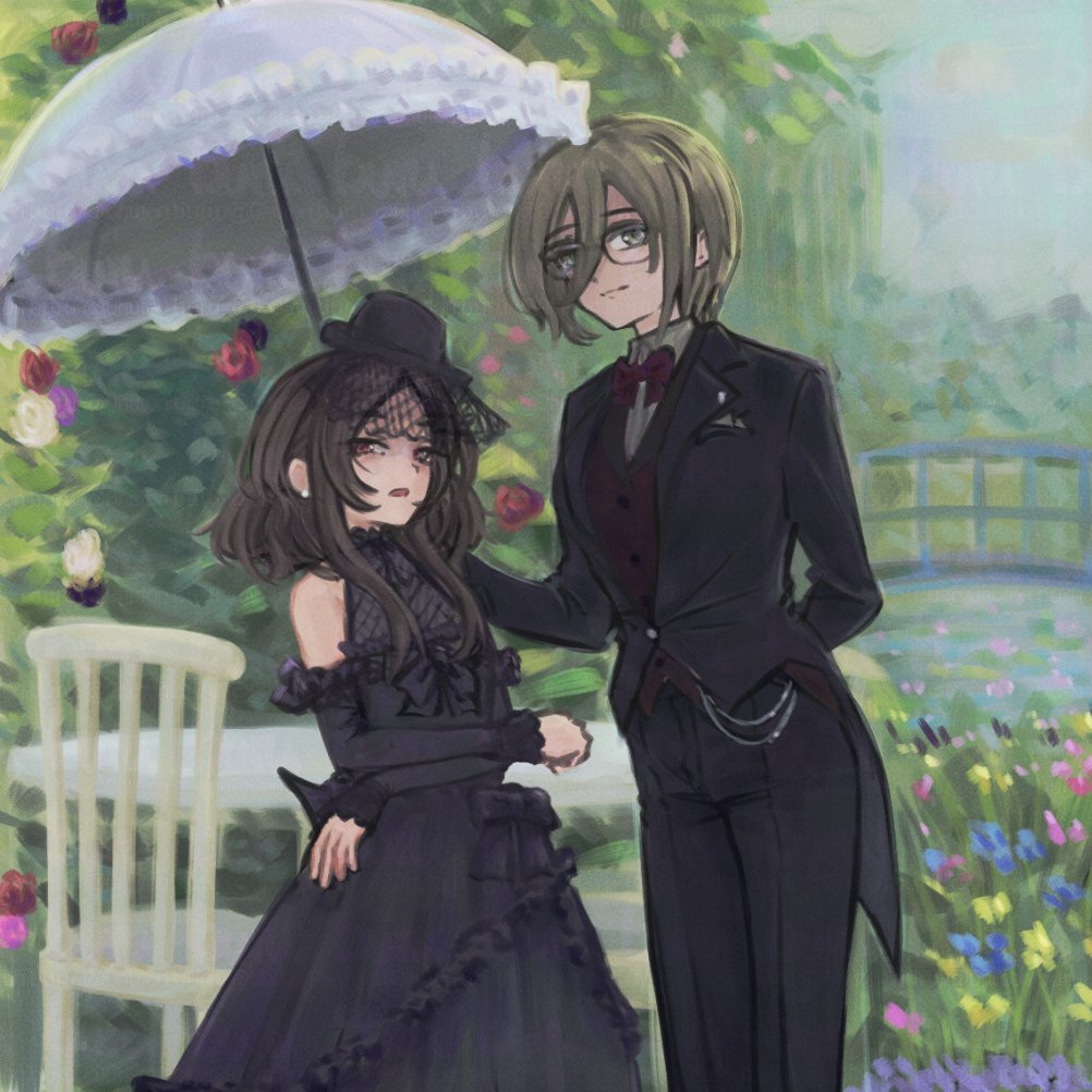 2girls alternate_hair_length alternate_hairstyle bespectacled bilingual_commentary black_dress black_hat black_jacket black_pants brown_hair commentary detached_sleeves dress earrings ebizuka_tomo frilled_umbrella frills girls_band_cry glasses hair_between_eyes hat holding holding_umbrella jacket jewelry korean_commentary long_hair long_hair_between_eyes mini_hat mixed-language_commentary multiple_girls outdoors pants red_eyes red_vest rupa_(girls_band_cry) sidelocks tomare_(akashingou) umbrella vest
