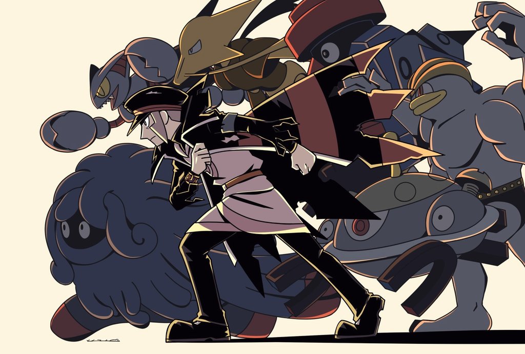 1boy alakazam am10ukiuki armband armlet bat_(animal) belt black_coat black_footwear black_hat black_pants blue_armband closed_mouth coat cream_background facial_hair fang gen_1_pokemon gen_4_pokemon gliscor goatee grey_eyes grey_hair group_picture hat ingo_(pokemon) jewelry machamp magnet magnezone male_focus muscular muscular_male mustache nintendo open_mouth pants pearl_clan_outfit pincers plant pokemon pokemon_(creature) pokemon_legends:_arceus probopass red_eyes serious short_hair sideburns tangrowth torn_clothes torn_coat vines yellow_eyes