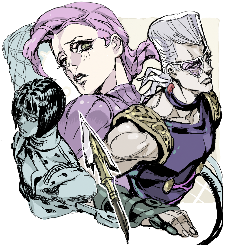 3boys arrow_(projectile) bob_cut bruno_bucciarati green_eyes jean_pierre_polnareff jojo_no_kimyou_na_bouken looking_at_viewer looking_back multiple_boys muscular nobita_(makoto7060355) pink_hair pink_sweater sweater vento_aureo vinegar_doppio white_hair