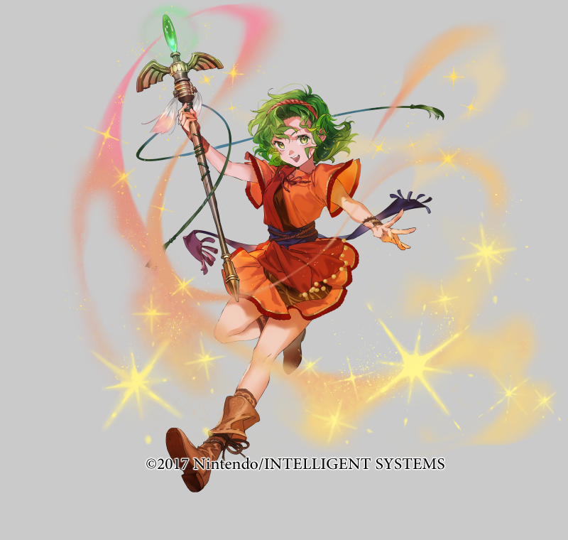 1girl blue_sash boots bracelet brown_boots copyright_notice dress fire_emblem fire_emblem:_thracia_776 fire_emblem_heroes full_body green_eyes green_hair grey_background holding holding_staff intelligent_systems jewelry mayo_(becky2006) medium_hair nintendo official_art open_mouth red_dress sash solo staff tina_(fire_emblem) v-shaped_eyebrows