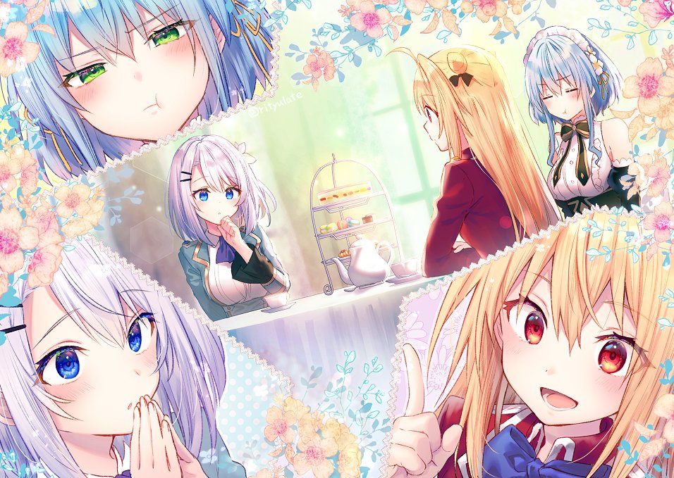 3girls ahoge black_bow black_bowtie black_skirt blonde_hair blue_bow blue_bowtie blue_eyes blue_hair bow bowtie breasts closed_eyes cone_hair_bun cup flower food gold_trim green_eyes green_jacket grey_hair hair_bun hair_flower hair_ornament high-waist_skirt hikikomari_kyuuketsuki_no_monmon jacket long_hair macaron maid maid_headdress medium_breasts multiple_girls neckerchief open_mouth own_hands_together pointing pointing_up purple_neckerchief red_eyes red_jacket riichu sakuna_memoire saucer shirt short_hair skirt sleeveless sleeveless_shirt teacup teapot terakomari_gandezblood twitter_username villhaze white_flower white_shirt yellow_flower