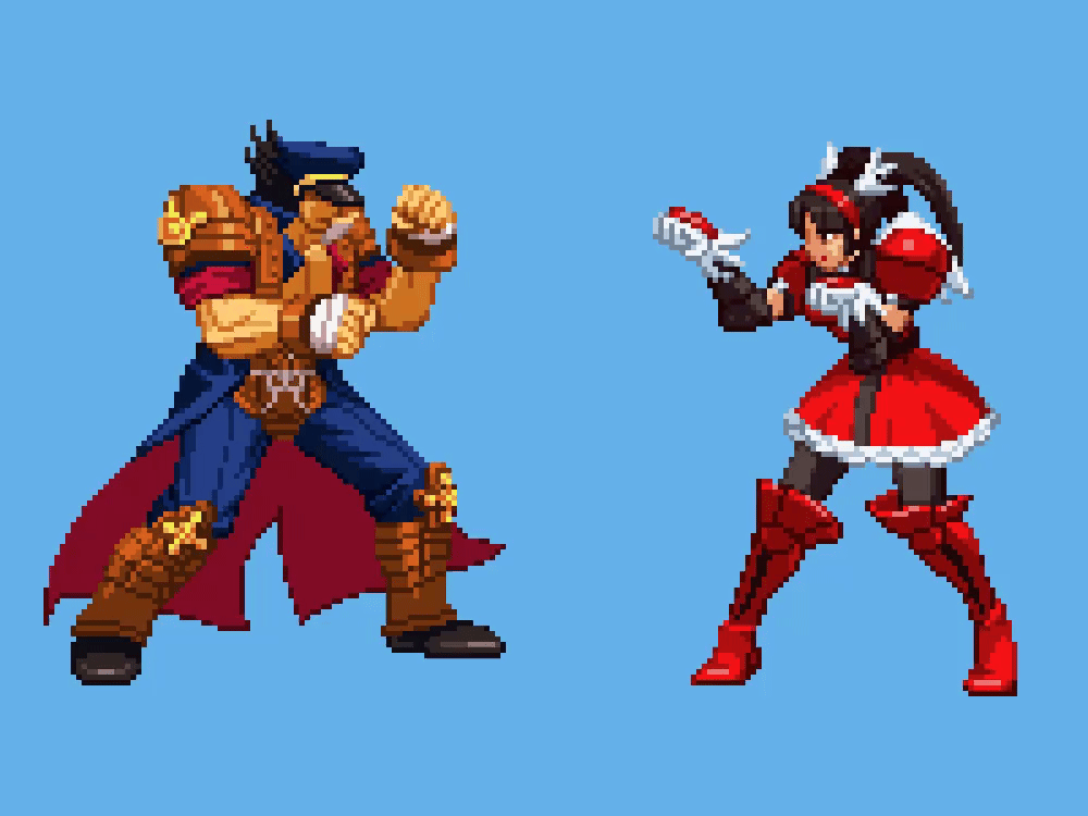 1boy 1girl animated animated_gif armor armored_dress arms_up bahn bandaged_wrist bandages black_eyes black_hair black_leggings blue_background boots clenched_hands detached_sleeves dress fake_wings fighting_stance fighting_vipers gloves hairband hat hat_over_eyes hidden_eyes honey_(fighting_vipers) jacket knee_pads leggings muscular muscular_male open_clothes open_jacket pants pin-point_(artist) red_dress sega shoulder_armor simple_background skirt spiked_hair sprite sprite_art thigh_boots twintails wings
