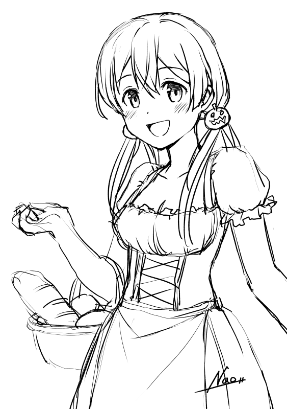 1girl alternate_costume baguette basket bodice bread commentary_request cowboy_shot dirndl food frilled_shirt frills german_clothes jack-o&#039;-lantern_ornament kantai_collection lineart low_twintails monochrome nao_(nao_eg) prinz_eugen_(kancolle) shirt skirt smile solo twintails