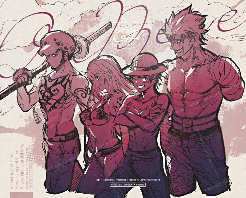 1girl 3boys abs bandaged_arm bandages bare_shoulders bikini bikini_top_only breasts chest_tattoo commentary_request cowboy_shot crossed_arms denim earrings eustass_kid facial_scar goggles goggles_on_head grin hat holding holding_sword holding_weapon jeans jewelry large_breasts long_hair looking_at_another missing_limb monkey_d._luffy multiple_boys nami_(one_piece) navel one_piece pants pearl_earrings pectorals scar scar_on_cheek scar_on_chest scar_on_face short_hair shorts shoulder_tattoo smile stomach straw_hat swimsuit sword tattoo topless_male trafalgar_law twitter_username weapon yum_xoxo_yum