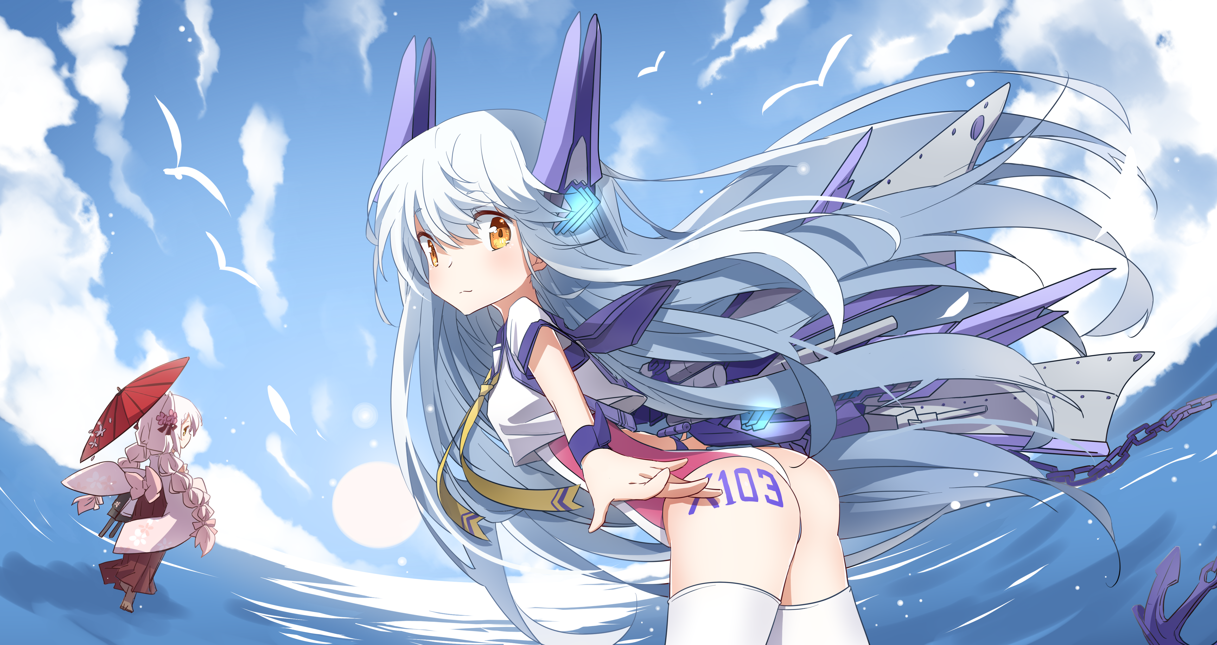 1girl absurdres anchor ass bent_over chain crop_top day highres le_fantasque_(warship_girls_r) lizi long_hair looking_at_viewer mechanical_ears ocean oil-paper_umbrella one-piece_swimsuit outdoors shirt short_sleeves sky solo_focus steelblue_mirage swimsuit swimsuit_under_clothes thighhighs umbrella very_long_hair warship_girls_r white_hair white_shirt white_thighhighs yellow_eyes