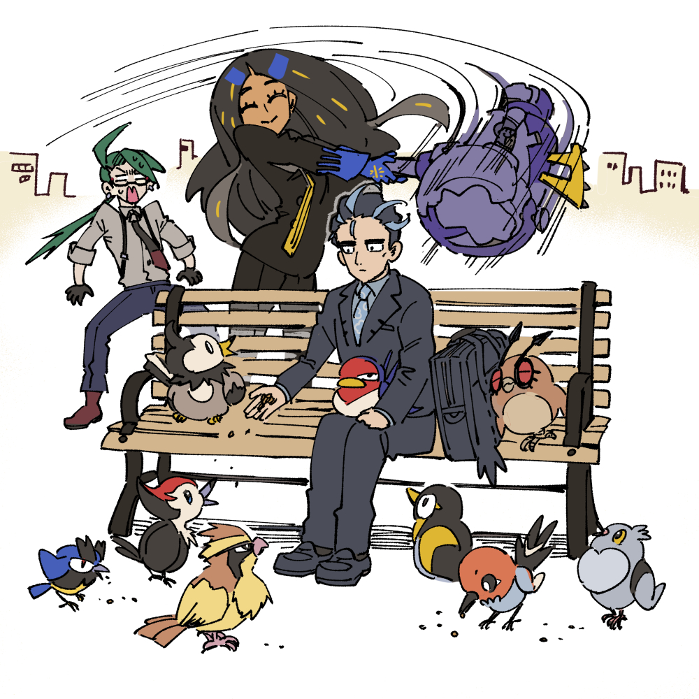1boy 2girls ^_^ beak bird bird_tail black_bag black_hair black_pants black_suit blue_pants boots brown_footwear closed_eyes closed_mouth commentary_request eyelashes feathers feeding fletchling formal_clothes geeta_(pokemon) gen_1_pokemon gen_2_pokemon gen_3_pokemon gen_4_pokemon gen_5_pokemon gen_6_pokemon gen_7_pokemon gen_8_pokemon glasses green_hair grey_shirt hammer holding holding_hammer hoothoot korokoro_daigorou larry_(pokemon) long_hair motion_lines multiple_girls necktie nintendo on_bench outdoors owl pants pidgey pidove pikipek pokemon pokemon_(creature) pokemon_sv rika_(pokemon) rookidee shirt simple_background sitting smile speed_lines starly suit surprised tail taillow wattrel white_background wings yellow_necktie