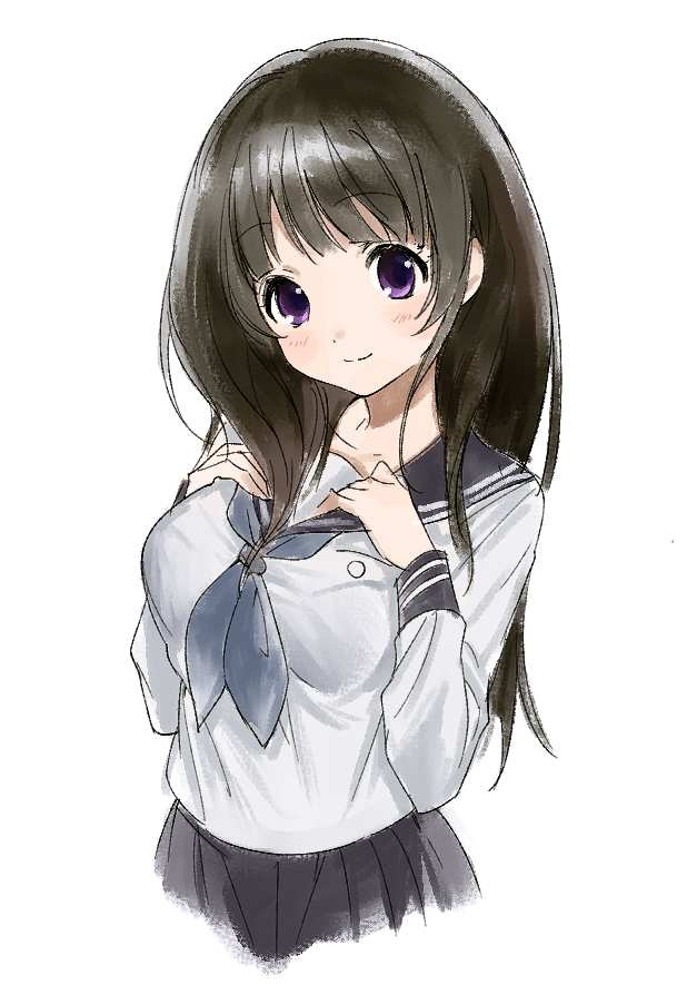 1girl black_sailor_collar black_skirt blue_neckerchief brown_hair chitanda_eru deezydays hyouka long_hair long_sleeves looking_at_viewer neckerchief pleated_skirt purple_eyes sailor_collar school_uniform serafuku shirt simple_background sketch skirt smile solo white_background white_shirt