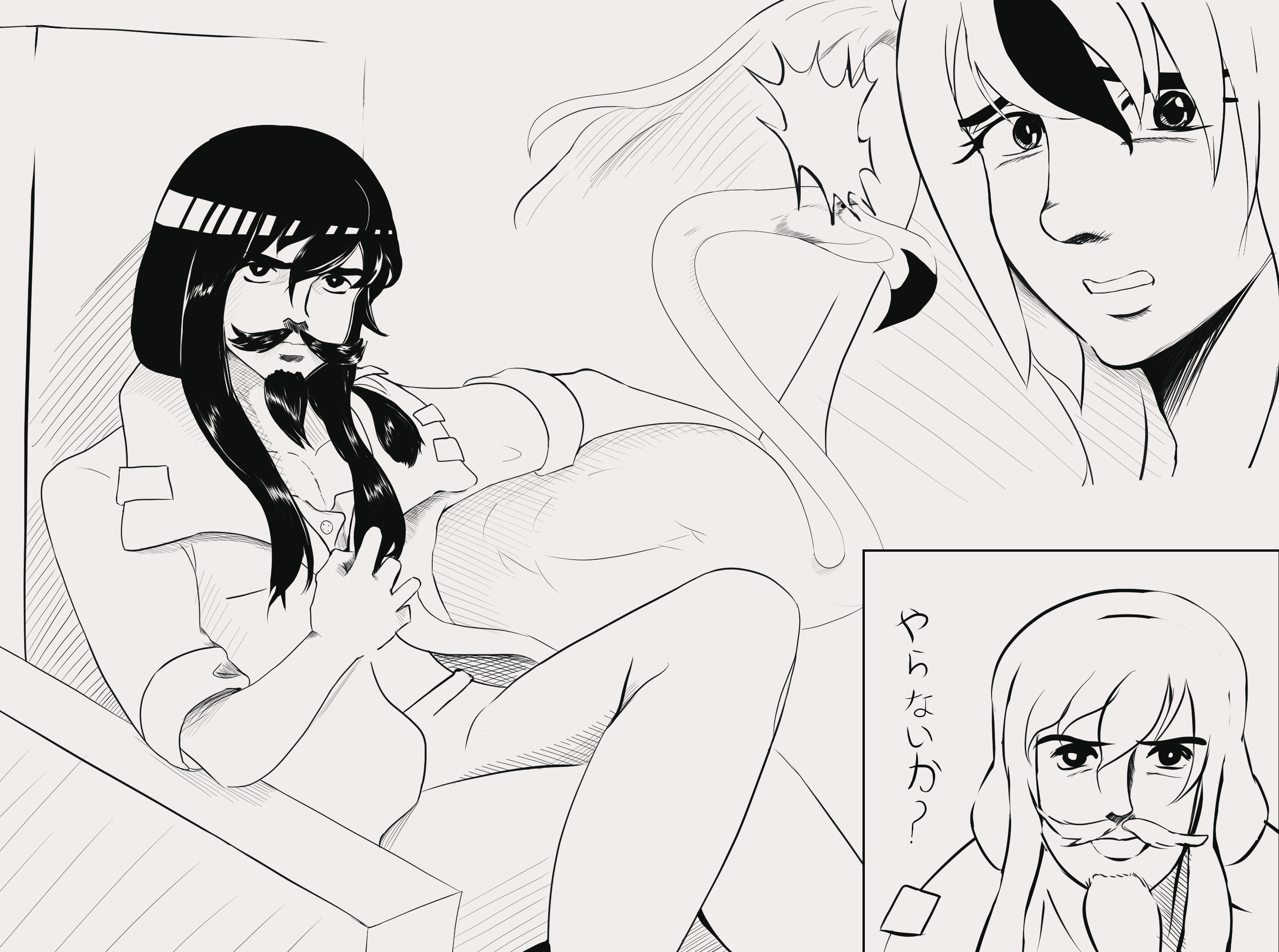 1boy 1girl bird black_hair blandbash coat cowboy_shot deat_(vtuber) facial_hair flamingo goatee highres indie_virtual_youtuber long_hair mira_pink monochrome multicolored_hair mustache open_clothes open_shirt pants parody portrait shirt sitting sitting_on_throne straight-on streaked_hair style_parody throne trench_coat virtual_youtuber yamakawa_jun'ichi_(style) yaranaika