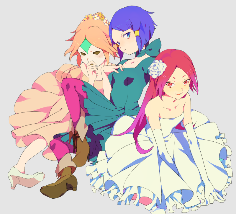 3girls blue_hair boots dress female_focus formal_clothes inazuma_eleven inazuma_eleven_(series) kawwa kurakake_clara kurione_yuki mask multiple_girls off_shoulder purple_hair short_hair thighhighs touchi_ai