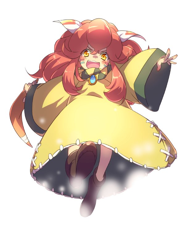 1other androgynous boots dress echo_(circa) facepaint feather_hair_ornament feathers full_body hair_ornament long_hair looking_at_viewer open_mouth popoi_(seiken_densetsu_2) red_hair seiken_densetsu seiken_densetsu_2 simple_background solo white_background