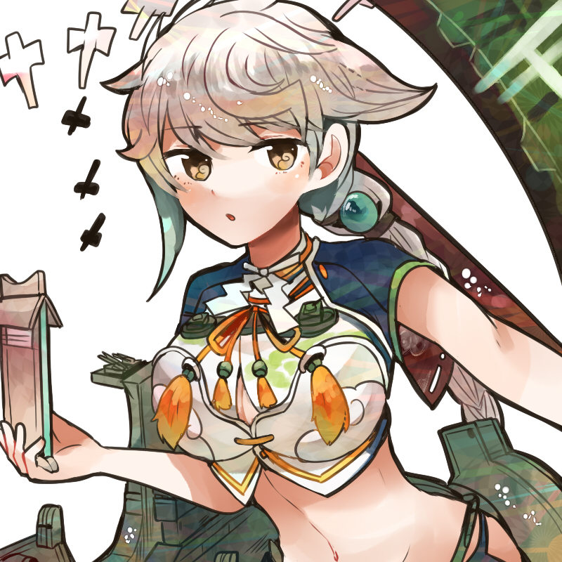 1girl anti-aircraft anti-aircraft_gun banner braid breasts brown_eyes cleavage cleavage_cutout clothing_cutout cloud_print crop_top hair_ornament itomugi-kun kantai_collection large_breasts long_hair midriff navel shikigami single_braid solo unryuu_(kancolle) very_long_hair white_hair yellow_eyes