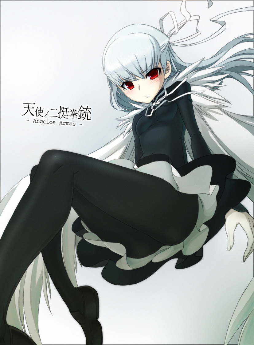 1girl angelos_armas dougan_calpis_con female_focus gradient_background hair_ribbon henri long_hair pantyhose red_eyes ribbon silver_hair solo white_background