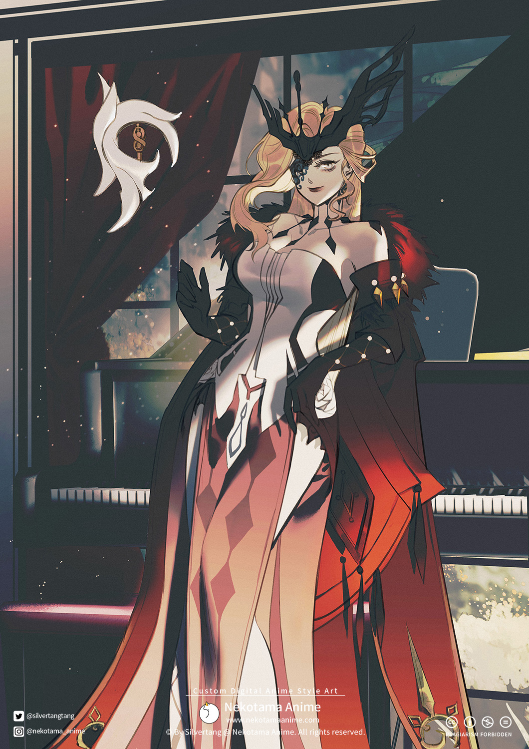 1girl bare_shoulders black_gloves black_mask blonde_hair blue_eyes breasts cleavage curtains delusion_(genshin_impact) dress earrings fishnet_gloves fishnets fur_trim genshin_impact gloves highres indoors instagram_logo instrument jewelry lace-trimmed_eyepatch large_breasts long_hair looking_at_viewer mask mask_over_one_eye one_eye_covered piano signora_(genshin_impact) silvertang single_earring smile solo standing strapless strapless_dress twitter_logo twitter_username window