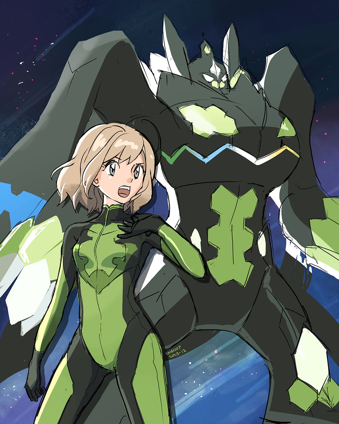1girl adapted_costume bodysuit dated gen_6_pokemon grey_eyes hand_on_own_chest highres hjay legendary_pokemon light_brown_hair nintendo official_alternate_costume open_mouth pokemon pokemon_(creature) pokemon_masters_ex serena_(pokemon) serena_(sygna_suit)_(pokemon) short_hair signature zygarde zygarde_(complete)