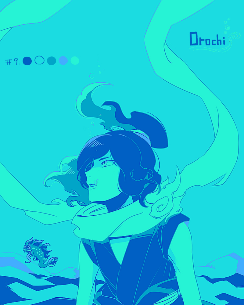 10s 1boy bad_id bad_pixiv_id bubble character_name color_guide fish gyakujouo holding holding_with_tail japanese_clothes knife limited_palette long_tongue male_focus monster_boy open_mouth orochi_(youkai_watch) prehensile_tail romaji_text sleeveless solo tail tongue tongue_out underwater upper_body wa_(wakana) traditional_youkai youkai_watch