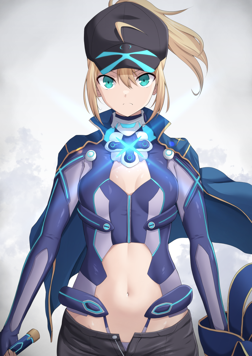 1girl ahoge artoria_pendragon_(fate) asymmetrical_dual_wielding baseball_cap black_hat black_shorts blonde_hair blue_eyes blue_scarf breasts cross_(crossryou) dual_wielding fate/grand_order fate_(series) glowing glowing_sword glowing_weapon hat highres himitsucalibur_(fate) holding holding_sword holding_weapon jacket jacket_on_shoulders long_hair looking_at_viewer mysterious_heroine_x_(fate) mysterious_heroine_x_(third_ascension)_(fate) navel open_clothes open_shorts ponytail scarf shorts solo sword track_jacket weapon