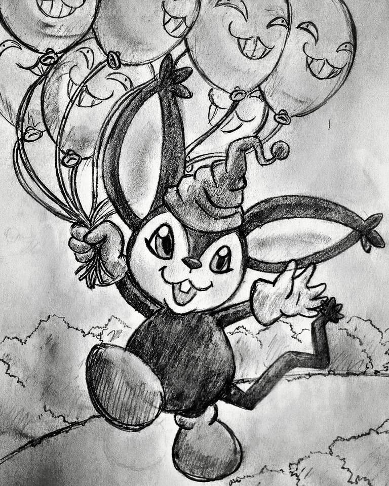 balloon digimon digimon_(creature) hat monochrome opossummon sketch solo tail traditional_media