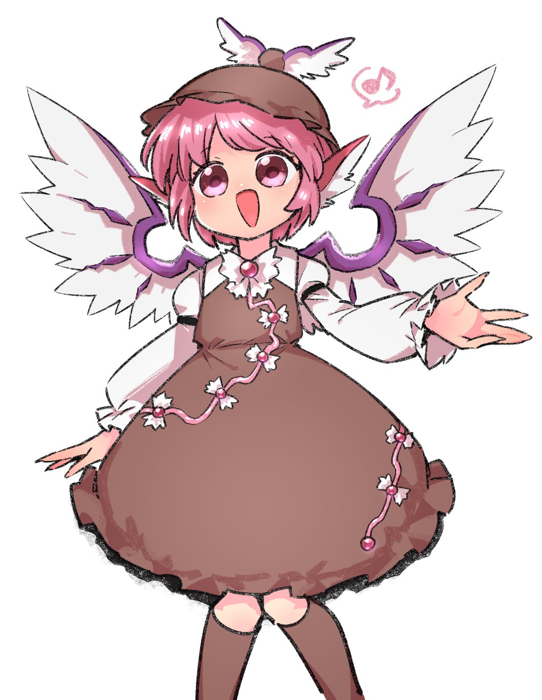 1girl animal_ears bird_ears bird_wings brown_dress brown_hat brown_socks dress eighth_note feet_out_of_frame fingernails frilled_sleeves frills hat highres kneehighs long_sleeves musical_note mystia_lorelei open_mouth pink_eyes pink_hair sharp_fingernails short_hair simple_background smile socks solo spoken_musical_note suzumushi_(tanpopo_cha) touhou white_background white_wings winged_hat wings