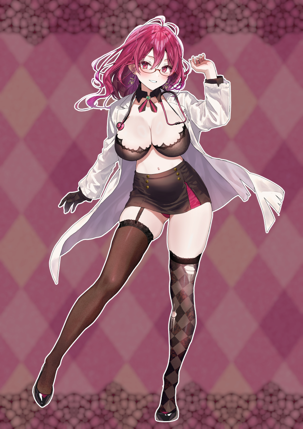1girl argyle_background argyle_clothes argyle_thighhighs arm_up asymmetrical_legwear black_bra black_gloves black_shoes black_skirt blurry blurry_background bra breasts brown_thighhighs cleavage collarbone commentary_request copyright_request depth_of_field full_body garter_straps glasses gloves hair_between_eyes highres lab_coat large_breasts long_hair long_sleeves looking_at_viewer mismatched_legwear navel open_clothes panties purple_hair purple_panties red-framed_eyewear red_eyes semi-rimless_eyewear shoes single_glove skirt smile solo standing stethoscope stethoscope_around_neck thighhighs tomozero torn_clothes torn_thighhighs under-rim_eyewear underwear virtual_youtuber