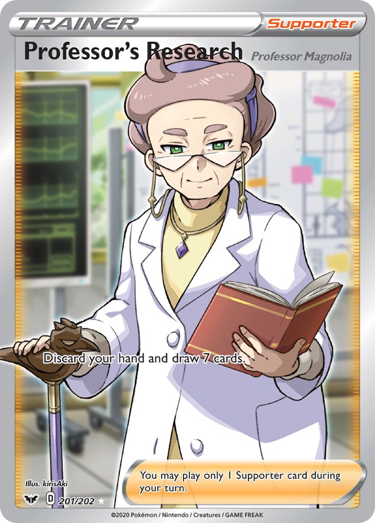 1girl artist_name book cane card_(medium) character_name closed_mouth coat company_name copyright_name copyright_notice english_text glasses green_eyes hairband holding holding_book holding_cane jewelry kirisaki_(gin16k) lab_coat magnolia_(pokemon) necklace nintendo official_art old old_woman open_book open_clothes open_coat pokemon pokemon_card pokemon_tcg shirt short_hair smile solo third-party_source trading_card triangular_eyewear white_coat wrinkled_skin yellow_shirt