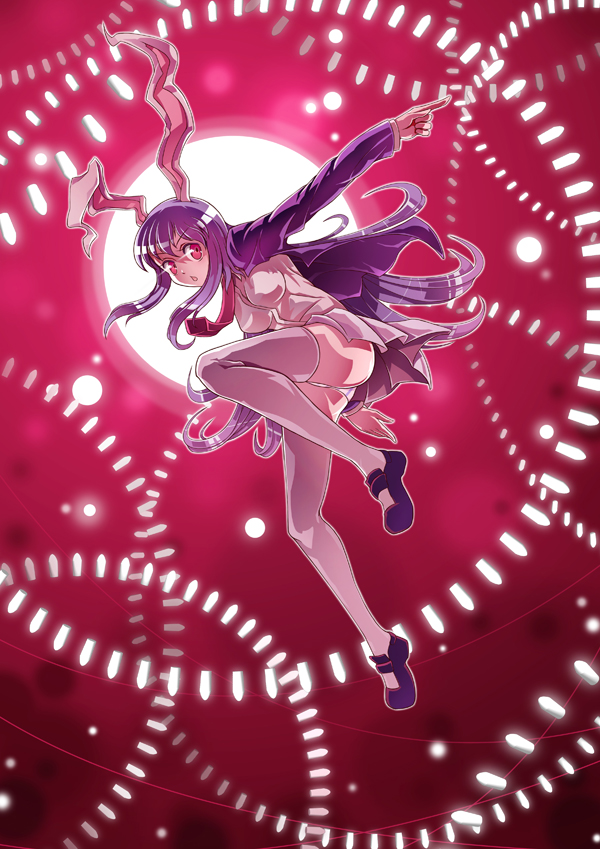 1girl animal_ears ass danmaku female_focus finger_gun grey_thighhighs jacket long_hair necktie open_clothes open_jacket open_mouth outstretched_arm panties pantyshot pink_eyes purple_hair rabbit_ears red_necktie reisen_udongein_inaba shirt skirt solo thighhighs touhou underwear upskirt very_long_hair white_panties xin_yu_hua_yin zxyon2008