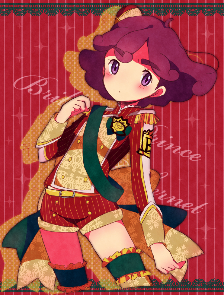 1girl 33lol alternate_costume asymmetrical_legwear badge belt blush burgundy_(pokemon) character_name curly_hair english_text epaulettes female_focus flat_chest hand_up looking_at_viewer nintendo pokemon pokemon_(anime) pokemon_bw_(anime) purple_eyes purple_hair shorts solo standing striped thick_eyebrows thigh_strap thighhighs uneven_legwear vertical_stripes