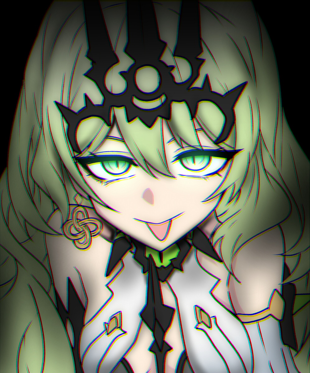 1girl :p black_background breasts closed_mouth crown dress earrings green_eyes green_hair highres honkai_(series) honkai_impact_3rd jewelry long_hair looking_at_viewer medium_breasts mobius_(honkai_impact) nabeiro_kin simple_background single_earring single_sleeve slit_pupils smile solo tongue tongue_out upper_body wavy_hair white_dress white_sleeves