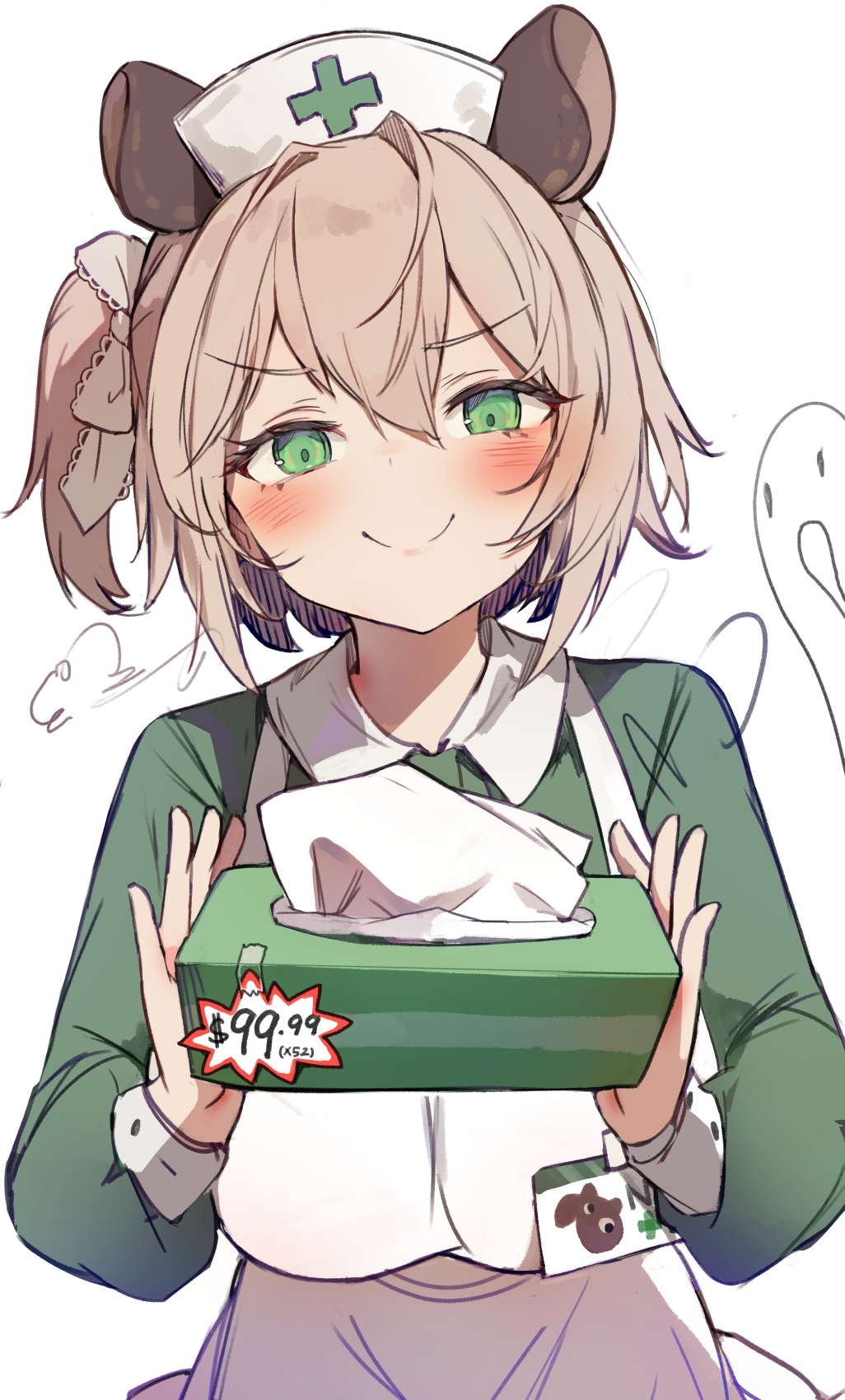 1girl animal_ears apron blush bow breasts brown_hair closed_mouth collared_dress cross dress green_dress green_eyes hair_between_eyes hair_bow hat highres holding id_card indie_virtual_youtuber large_breasts long_sleeves nimi_nightmare nurse nurse_cap one_side_up orobou paid_reward_available price_tag short_hair simple_background smile solo split_mouth tapir_ears tapir_girl tissue_box upper_body v-shaped_eyebrows virtual_youtuber white_apron white_background white_bow white_hat