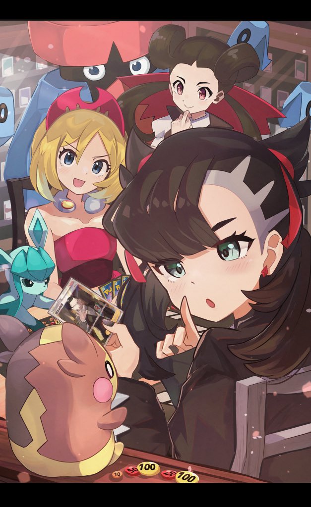 3girls animal_ears bare_shoulders blue_eyes brown_hair card_(medium) gen_4_pokemon gen_8_pokemon giovanni_(pokemon) glaceon green_eyes irida_(pokemon) jacket leather leather_jacket long_hair marnie_(pokemon) medium_hair morpeko multiple_girls nintendo pokemon pokemon_legends:_arceus pokemon_masters_ex pokemon_oras pokemon_swsh pokemon_tcg probopass roxanne_(pokemon) short_hair twintails umiru