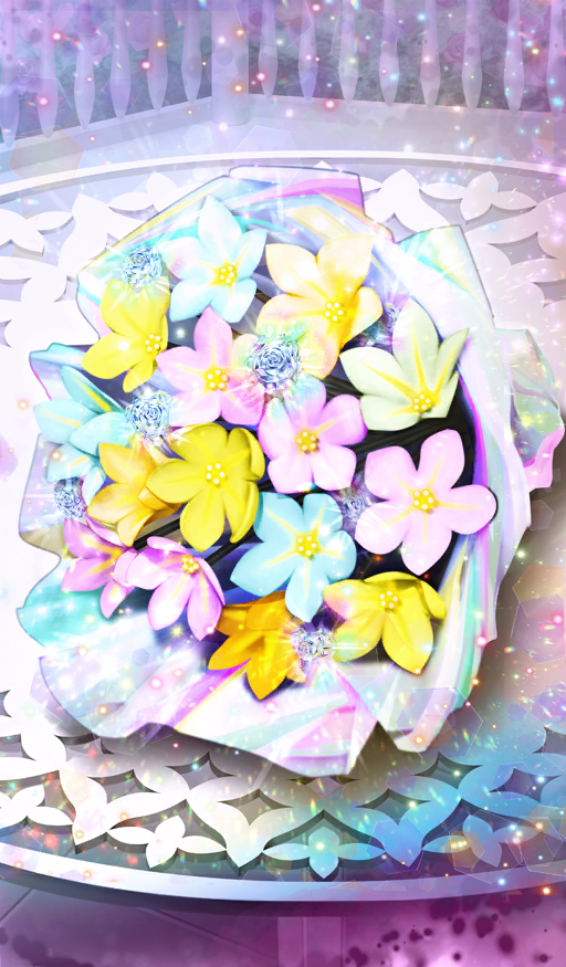 blue_flower bouquet chocolate commentary fate/grand_order fate_(series) flower flower_request food food_art food_focus glowing hayosena light_particles no_humans non-circular_lens_flare official_art pink_flower sparkle still_life sweets third-party_source white_flower yellow_flower