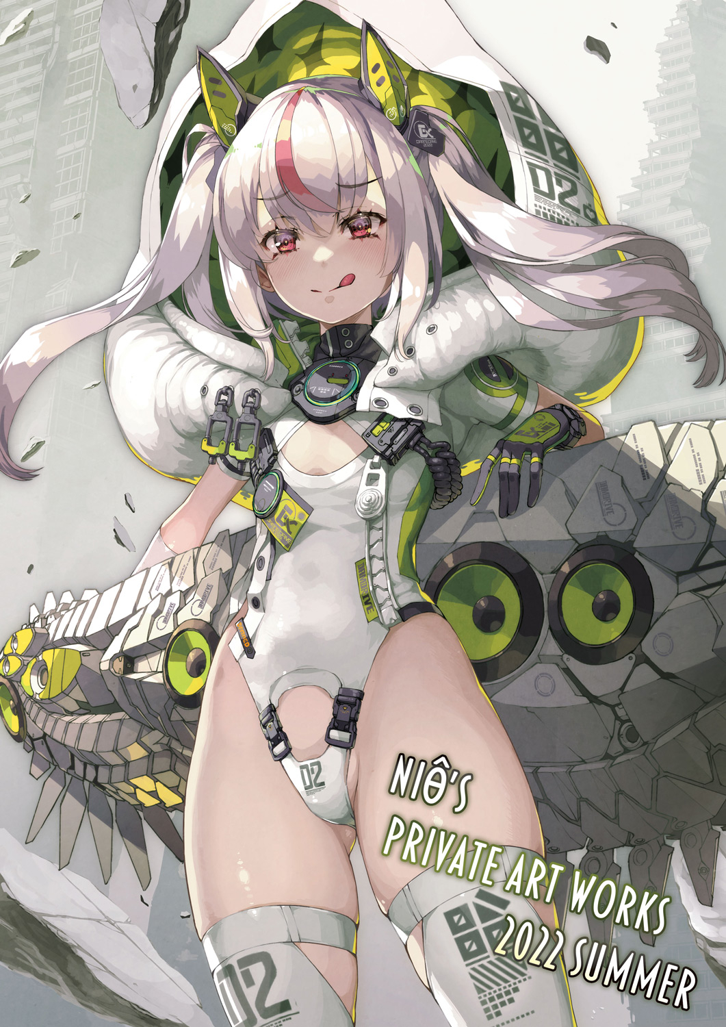 1girl :q commentary_request cover cover_page cowboy_shot flat_chest gloves headgear highleg highleg_leotard highres hood leotard long_hair looking_at_viewer mecha_musume multicolored_hair nishii_(damnedrive) original red_eyes red_hair ruins short_sleeves smile solo thighhighs tongue tongue_out twintails two-tone_hair white_hair