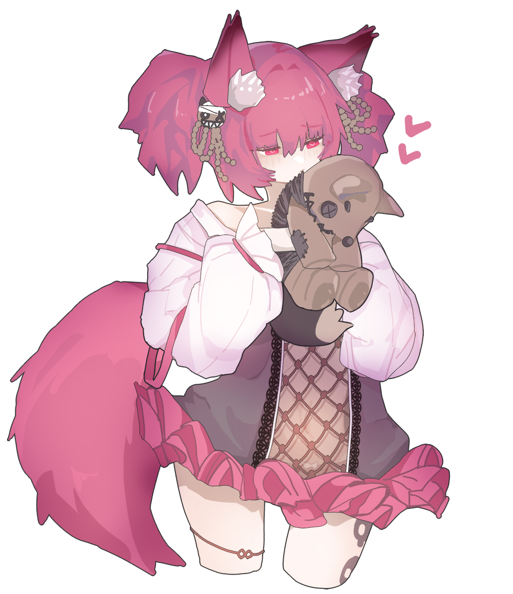 1girl animal_ear_fluff animal_ears arknights bare_shoulders black_dress commentary cropped_legs dress eyes_visible_through_hair hair_between_eyes hair_ornament half-closed_eyes heart heart-shaped_pupils holding light_blush long_sleeves pink_eyes pink_hair pink_tail puffy_long_sleeves puffy_sleeves shamare_(arknights) short_dress short_hair simple_background solo standing stuffed_animal stuffed_horse stuffed_toy symbol-shaped_pupils taiiiyakiii tail white_background white_sleeves