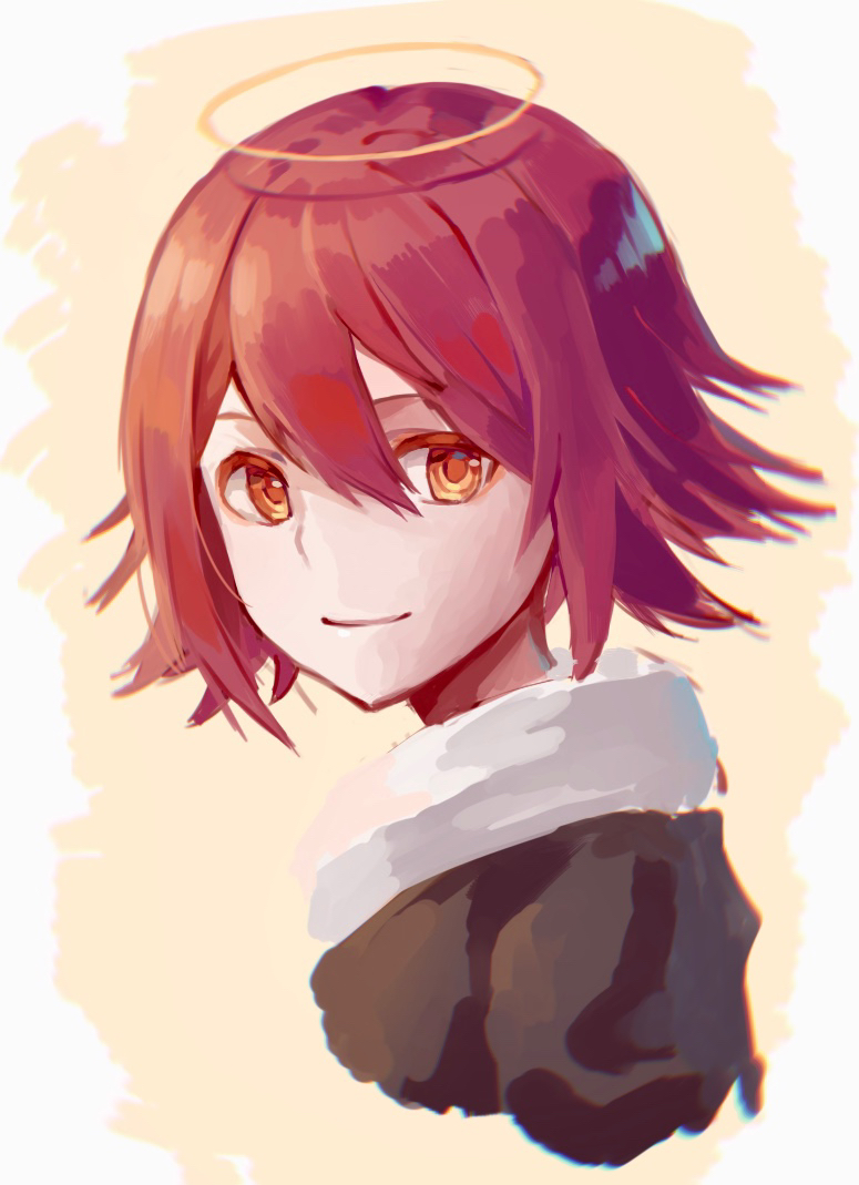 1girl arknights black_jacket bob_cut brown_eyes chinese_commentary close-up closed_mouth commentary cropped_torso exusiai_(arknights) flipped_hair from_side haiki_sareta_haguruma hair_between_eyes halo jacket looking_at_viewer looking_to_the_side portrait red_hair shirt short_hair sketch smile solo turtleneck white_background white_shirt yellow_background
