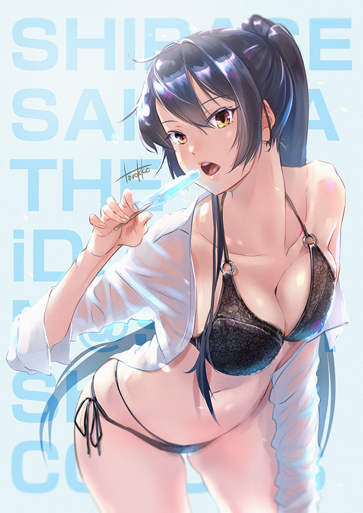 1girl bare_shoulders bikini black_hair breasts character_name cleavage collared_shirt commentary_request food hair_between_eyes happy_birthday high_ponytail idolmaster idolmaster_shiny_colors large_breasts leaning_forward multi-strapped_bikini navel o-ring o-ring_bikini open_mouth ponytail popsicle see-through_clothes shirase_sakuya shirt side-tie_bikini_bottom sidelocks swimsuit thighs torokko white_shirt yellow_eyes